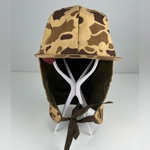 LL Bean Vtg Camo Lined Canvas Duck Hunting Hat Neck Ear Flap Size L